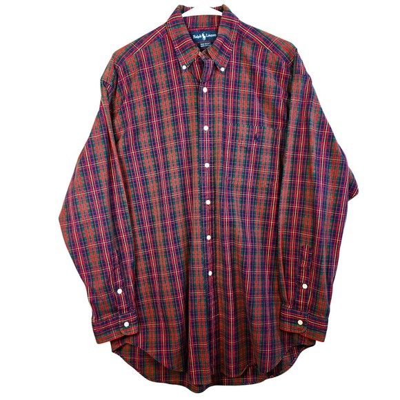 Ralph Lauren BIG SHIRT Mens Medium Red Tartan Plaid Pony Oversized Baggy Oxford - Picture 4 of 13
